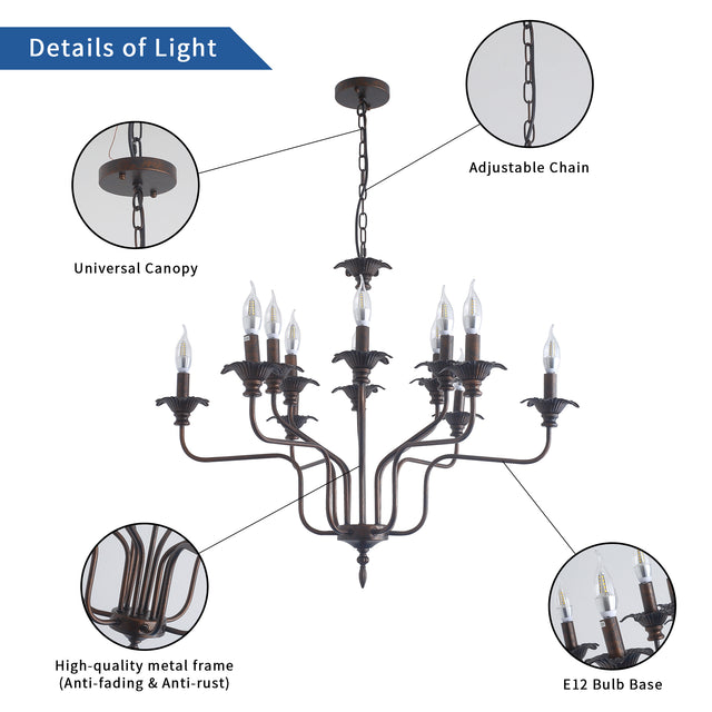 Retro American style stamen-shaped iron chandelier -12 bulbs -E12 lamp holder
