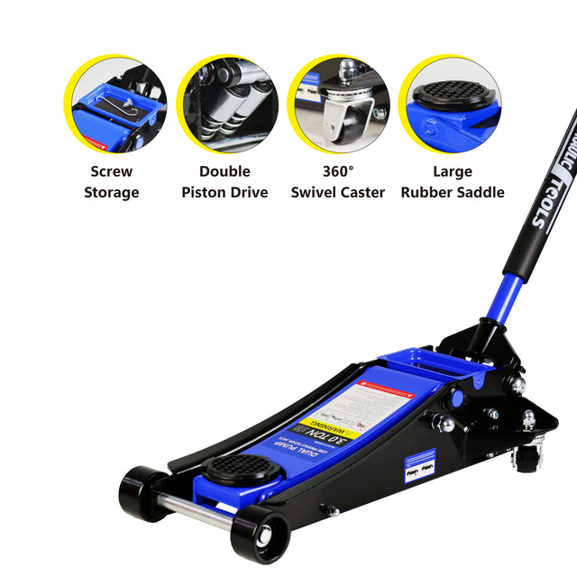 3t Low Profile Jack, Blue and Black, Ultra Low Floor Jack  with Dual Pistons Quick Lift Pump, Car Jack Hydraulic AutoLifts for Home Garage, Truck Jack Hydraulic