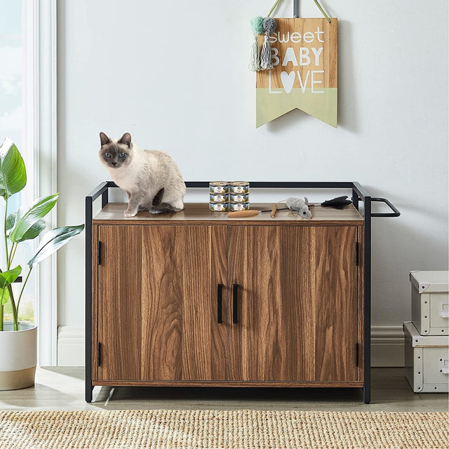 Hidden Cat Litter Box Furniture with Ventilation and Bench Seat, Pet Crate with Iron and Wood Sturdy Structure