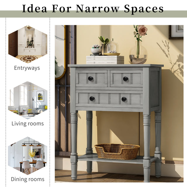 TREXM Narrow Console Table, Slim Sofa Table with Three Storage Drawers and Bottom Shelf for Living Room, Easy Assembly (Gray Wash)