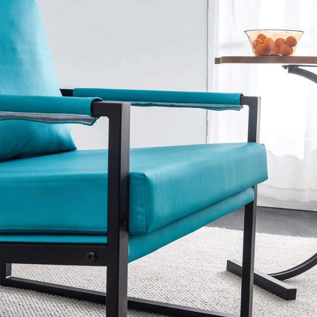 PU Leather Accent Arm Chair Mid Century Modern Upholstered Armchair with Metal Frame Extra-Thick Padded Backrest and Seat Cushion Sofa Chairs for Living Room ( Cyan PU Leather + Metal + Foam )