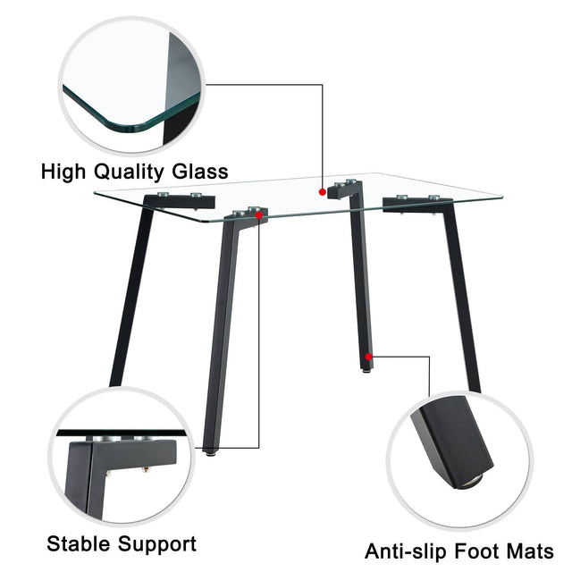 Glass Dining Table and Brown Dining Chair 4-Piece Set  Rectangular 0.31" Tempered Glass Tabletop and Black Coating Metal Dining Table size 47" W x 31"D x 30" H