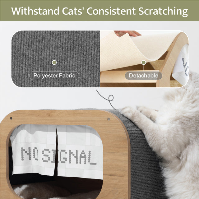 Classic Wooden TV-Shaped Cat Bed, Cat House with Cushion, Grey