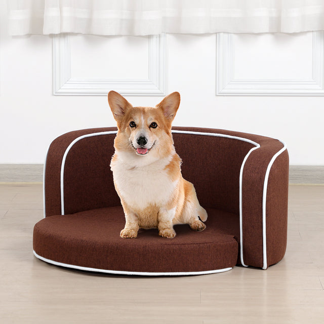 30" Brown Round Pet Sofa, Dog sofa, Dog bed, Cat Bed, Cat Sofa, with Wooden Structure and Linen Goods White Roller Lines on the Edges Curved Appearance pet Sofa with Cushion