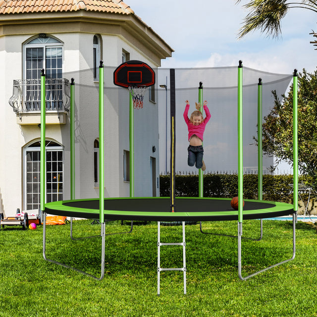 10FT  Trampoline with Basketball Hoop Inflator and Ladder(Inner Safety Enclosure) Green