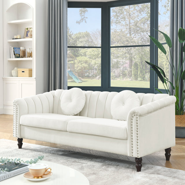 MH Modern Velvet Upholstered Sofa Couch, 3 Seat Tufted Back with Nail Arms with 2 pillows, Solid wood Legs, Sleeper Sofa for Living Room, Compact Living Space, Apartment, Bonus Room