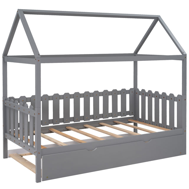Twin Size House Bed with Trundle, Fence-shaped Guardrail, Gray(New)