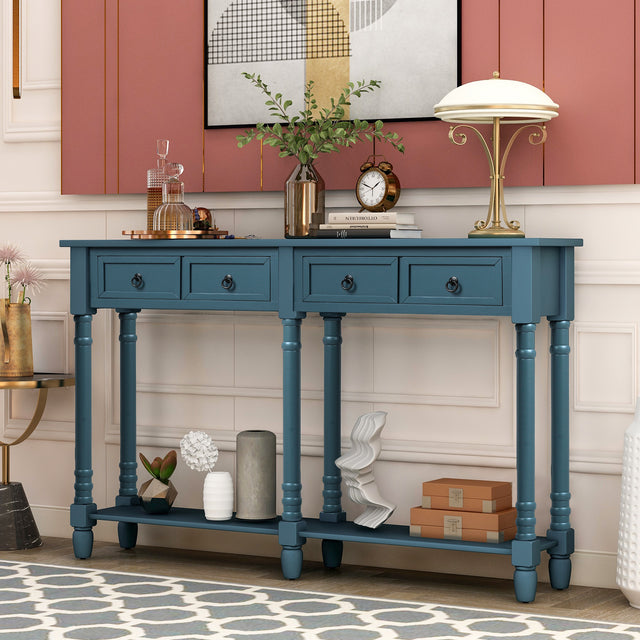 TREXM Console Table Sofa Table with Drawers and Long Shelf Rectangular Living Room Table Solid Wood (Antique Navy)