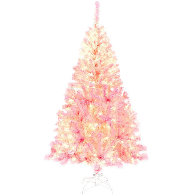 Pre-lit Artificial Christmas 2-Piece Set, Xmas Tree 5FT Pink Christmas Tree with 6 feet Garland X-mas