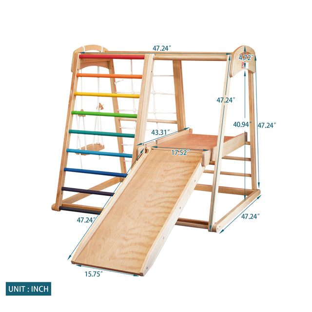 Indoor 7 in 1 children solid wood beech wood climbing frame baby slide18 months to 10 years old indoor ring swing small amusement park family small fitness