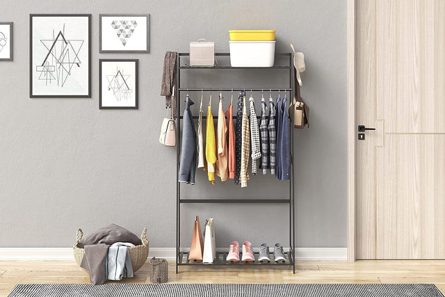 Clothes Rack,Clothing Rack with Shelves,Freestanding Closet Organizer for Living Bedroom Room Kitchen Bathroom Entryway Office Storage Shelves Clothes Hanging Rack,CR-537 Black