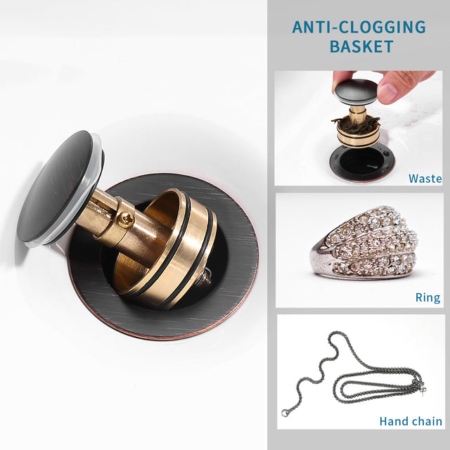 Pop-Up Drain Stainless Steel With Overflow Anti-Clogging for Vessel Sink Lavatory Vanity Sink Drain with Strainer Basket, Oil Rubbed Bronze
