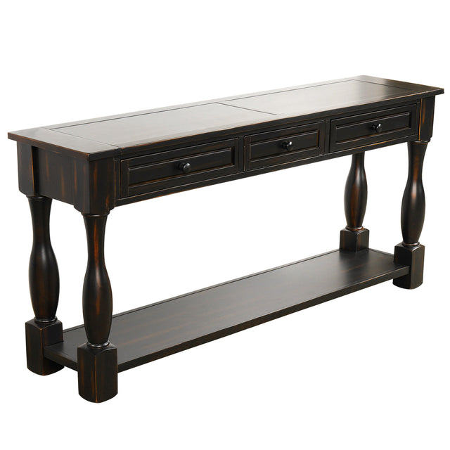 TREXM Console Table 64" Long Extra-thick Sofa Table with Drawers and Shelf for Entryway, Hallway, Living Room (Distressed Black)