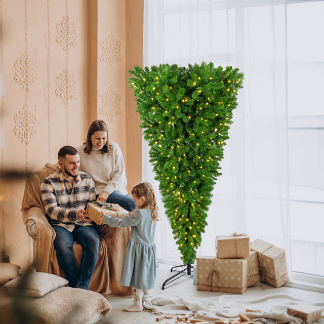 Upside Down Green Christmas Tree, Xmas Tree with LED Warm White Lights, Reinforced Metal Base & Easy Assembly 6ft, w/1,000 Lush Branch Tips, 360 LED Lights X-mas
