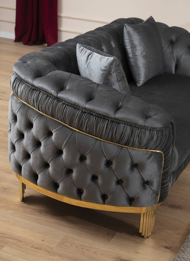 Vanessa Loveseat Livingroom Set in Grey and Gold with Fabric button-tufted velvet upholstery Finish