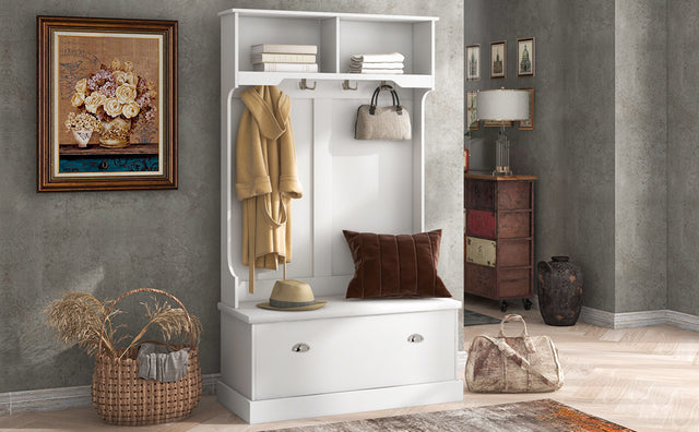 ON-TREND Hall Tree with 4 Hooks, Coat Hanger, Entryway Bench, Storage Bench, 3-in-1 Design, for Livingroom, Hallway (white)