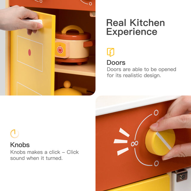 Wooden Pretend Play Kitchen Set for Kids Toddlers, Toys Gifts for Boys and Girls,Yellow