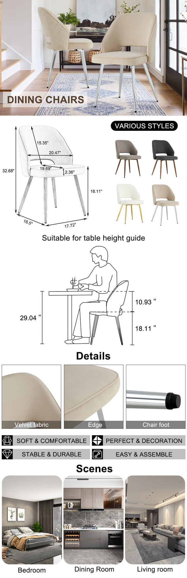 Modern Dining Chairs, Velvet Accent Chair, Living Room Leisure Chairs, Upholstered Side Chair with Metal Legs for Dining Room Kitchen Vanity Patio Club Guest (Set of 2) （Light Beige Office Chairs）