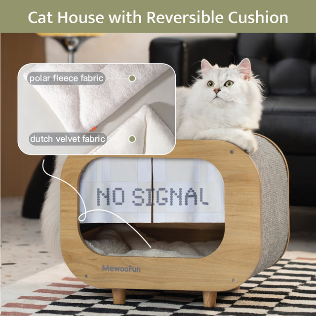 Classic Wooden TV-Shaped Cat Bed, Cat House with Cushion, Grey