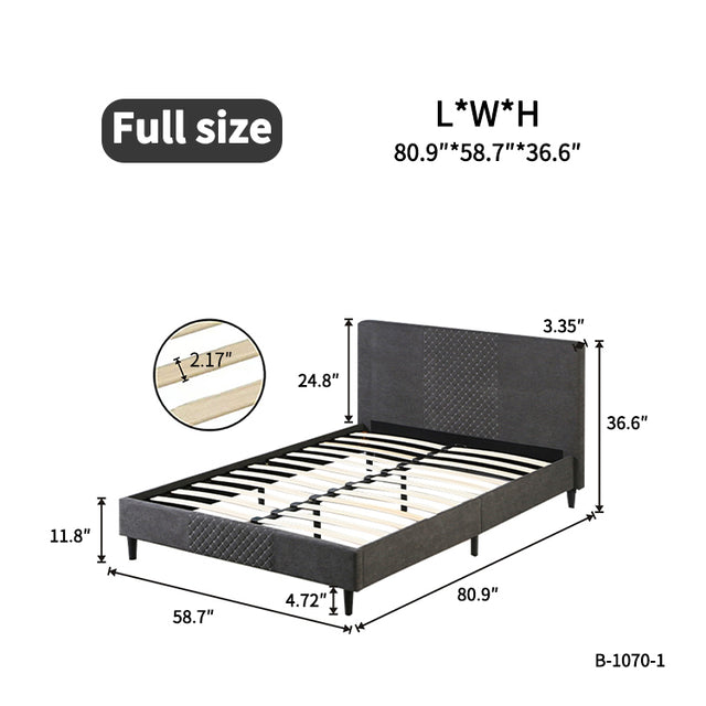 Full Size Platform Bed Frame with Fabric Upholstered Headboard and Wooden Slats Support, Fully Upholstered Mattress Foundation/No Box Spring Needed/Easy Assembly, Dark Grey
