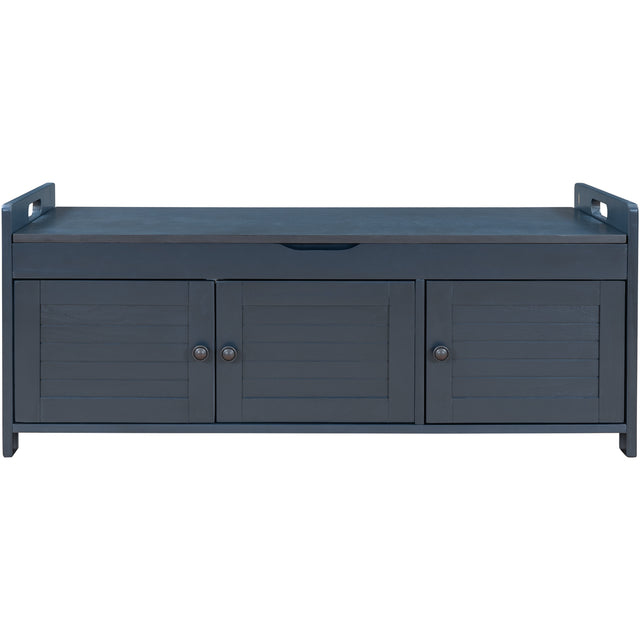 TREXM  Storage Bench with 3 Shutter-shaped Doors,  Shoe Bench with Removable Cushion and Hidden Storage Space (Antique Navy)