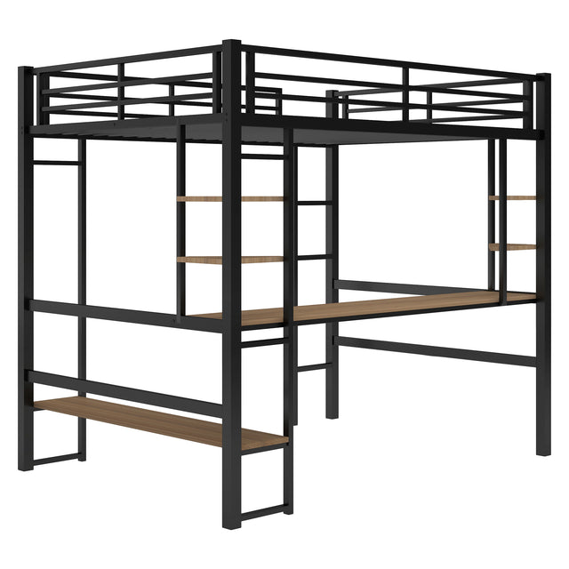 Full Size Loft Metal&MDF Bed with Long Desk and Shelves,Black(OLD SKU:SM000608AAB-1)
