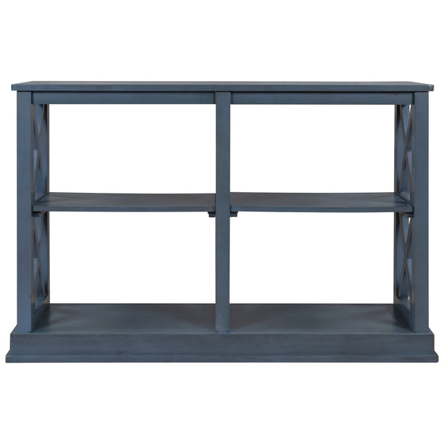 TREXM Console Table with 3-Tier Open Storage Spaces and "X" Legs, Narrow Sofa Entry Table for Living Room, Entryway and Hallway (Navy Blue)