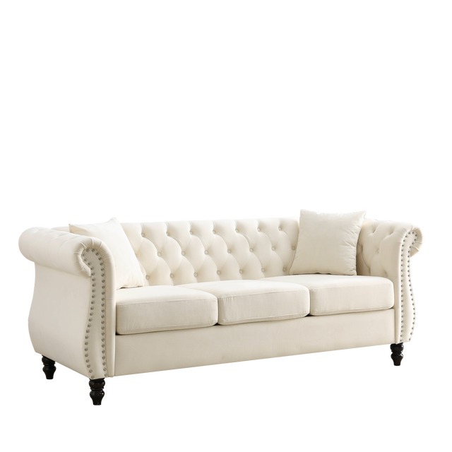 [Video] 80" Chesterfield Sofa Beige Velvet for Living Room, 3 Seater Sofa Tufted Couch with Rolled Arms and Nailhead for Living Room, Bedroom, Office, Apartment, two pillows