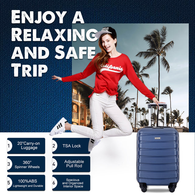 20" Carry on Luggage ABS Lightweight Suitcase, Spinner Wheels, TSA Lock, Blue