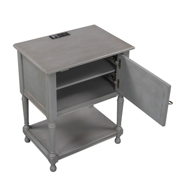 Versatile Nightstand with Two Built-in Shelves Cabinet and an Open Storage, USB Charging Design, Gray