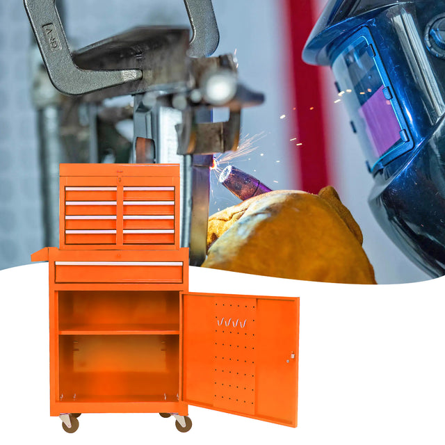 Detachable 5 Drawer Tool Chest with Bottom Cabinet and one Adjustable Shelf--Orange