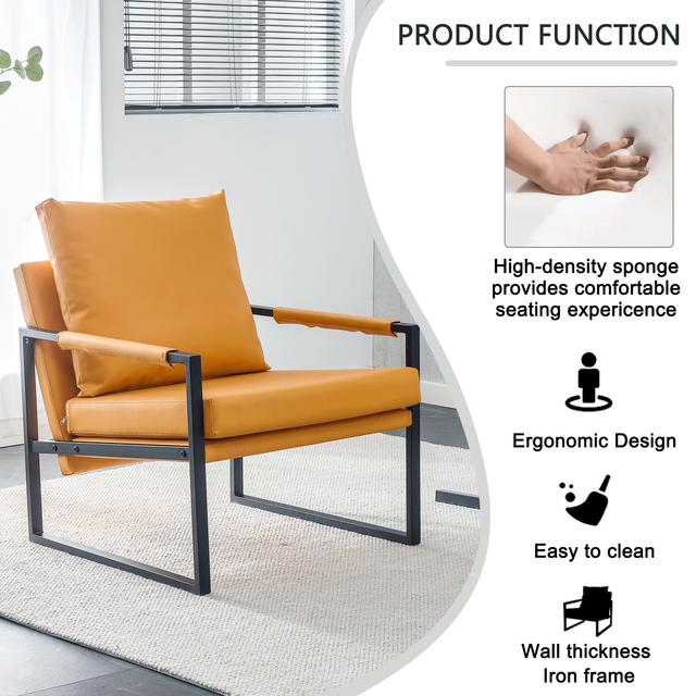 PU Leather Accent Arm Chair Mid Century Modern Upholstered Armchair with Metal Frame Extra-Thick Padded Backrest and Seat Cushion Sofa Chairs for Living Room ( orange PU Leather + Metal Frame + Foam)
