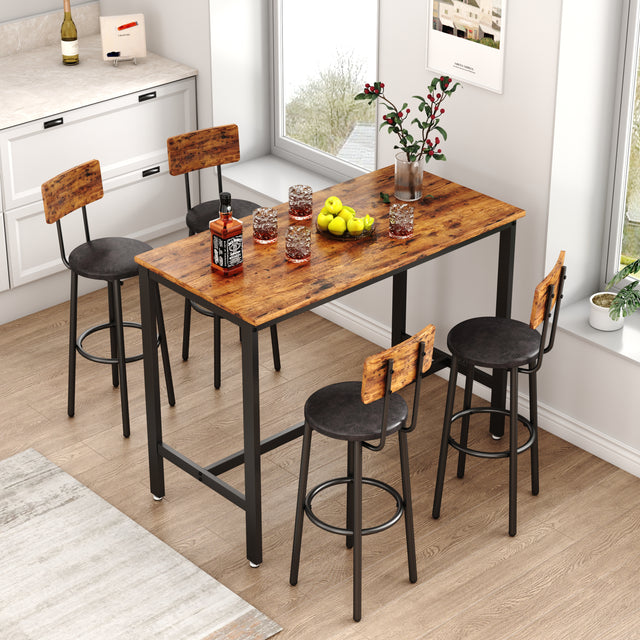 Bar Table Set with 4 Bar stools PU Soft seat with backrest, Rustic Brown, 47.24'' L x 23.62'' W x 35.43'' H.