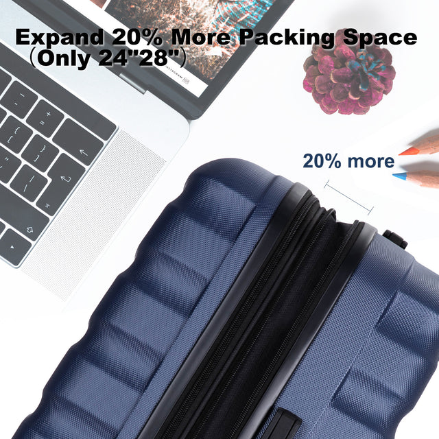 Expandable 3 Piece Luggage Sets ABS Lightweight Suitcase with Two Hooks, Spinner Wheels, TSA Lock, (20/24/28) Blue