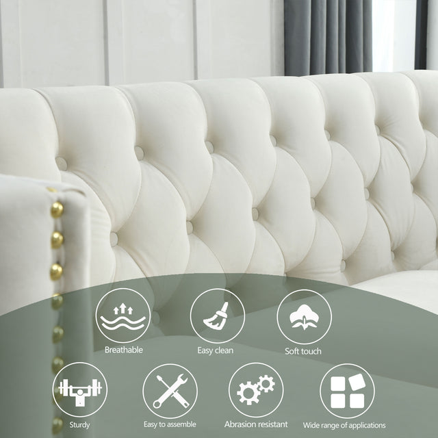 {Contact us for 3D modeling} Velvet Sofa for Living Room,Buttons Tufted Square Arm Couch, Modern Couch Upholstered Button and Metal Legs, Sofa Couch for Bedroom, Beige Velvet
