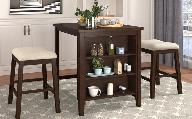 TOPMAX 3 Piece Dining Table with Padded Stools, Table Set with Storage Shelf,Brown