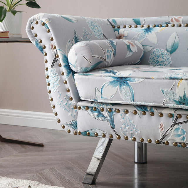 61“Width Modern Accent Printed Fabric Upholstered Loveseat Settee Nailhead Trimming Curved Backrest Rolled Arms Couch with Washable Cushion Cover Silver Metal Legs Living Room Set,Flower
