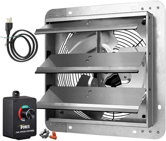 iPower HIFANXEXHAUST12CTB 12 Inch Variable Shutter Exhaust Fan with Speed Controller and Power Cord Kit, 1620RPM, 1600 CFM, Silver