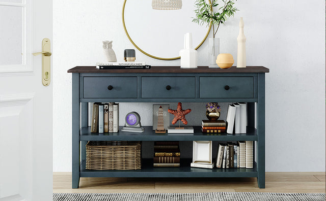 TREXM Retro Design Console Table with Two Open Shelves, Pine Solid Wood Frame and Legs for Living Room (Navy)