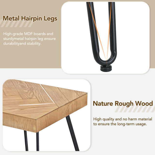 ON-TREND Modern Coffee Table, Easy Assembly Tea Table, Thicken Cocktail Table with w/Chevron Pattern & Metal Hairpin Legs for Living Room, Ash Wood Finished