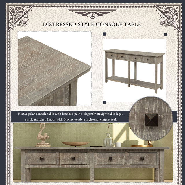 TREXM Rustic Brushed Texture Entryway Table Console Table with Drawers and Bottom Shelf for Living Room (Grey Wash)