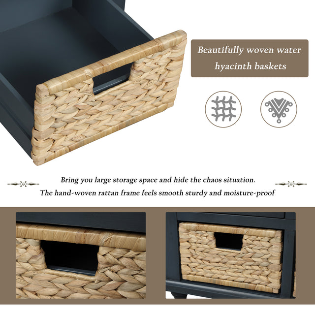 TREXM Rustic Storage Bench with 3 Drawers and 3 Rattan Baskets, Shoe Bench for Living Room, Entryway (Antique Navy)