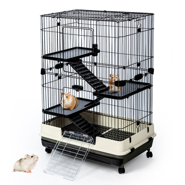 4-Tier 32"Small Animal Metal Cage Height Adjustable with Lockable Casters  Grilles Pull-out Tray for Rabbit Chinchilla Ferret Bunny Guinea Pig Squirrel Hedgehog(BLACK)(=OLD SKU:W69133214)