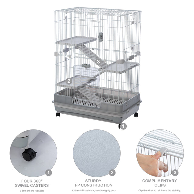 4-Tier 32"Small Animal Metal Cage Height Adjustable with Lockable Casters  Grilles Pull-out Tray for Rabbit Chinchilla Ferret Bunny Guinea Pig Squirrel Hedgehog(GREY)(=OLD SKU:W69133215)