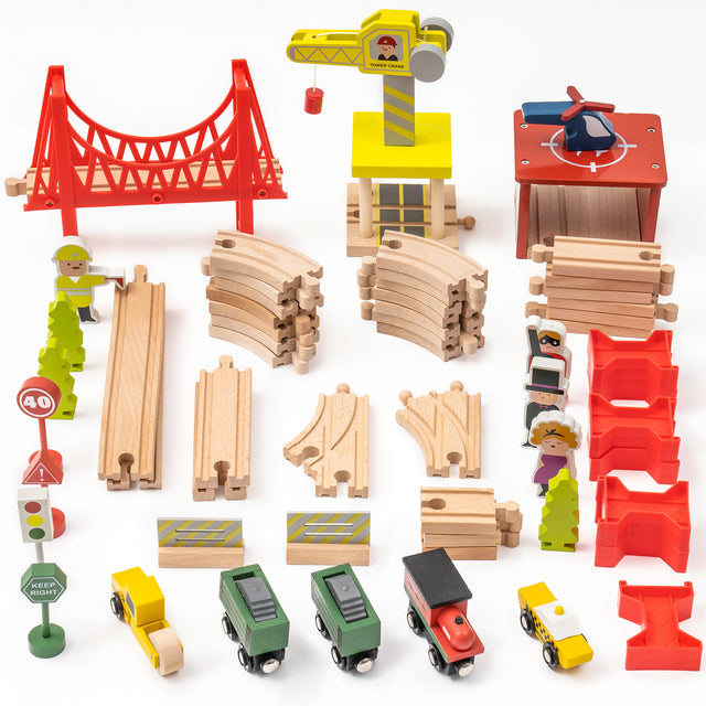 Wooden Train Set Wooden Train Track Set with Magnetic Trains Bridge Ramp Toy Train Set for Kids