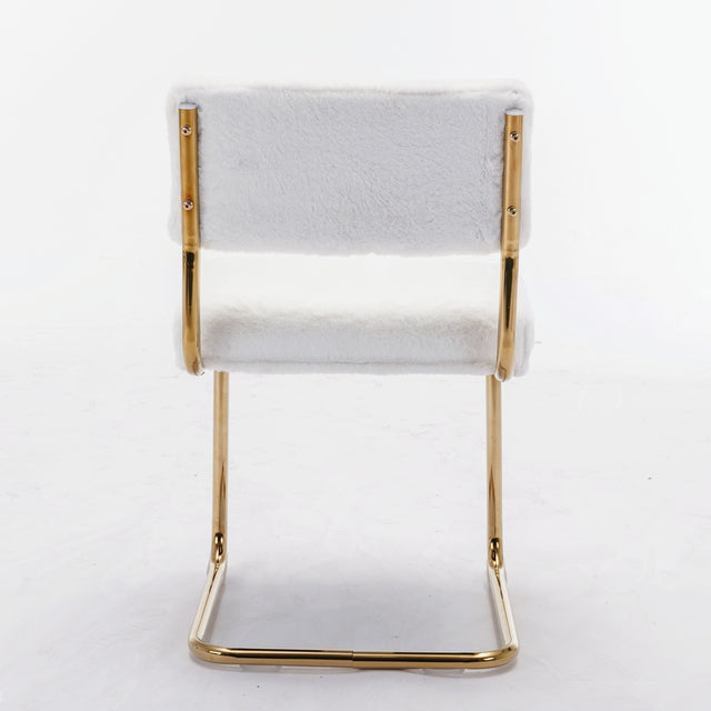 A&A Furniture,Modern Dining Chairs with Artificial Rabbit Hair,Gold Metal Base, Accent Armless Kitchen Chairs with Channel Tufting, Upholstered Fake Fur Fabric Side Chairs, Set of 2, White