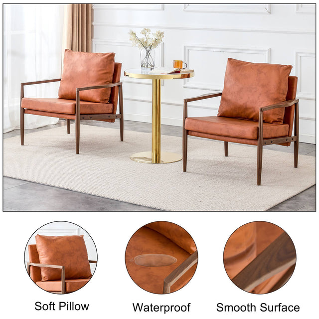 Sofa Chair Set of 2.PU Leather Accent Arm Chair Mid Century Modern Upholstered Armchair with Imitation solid wood Walnut color Metal Frame Extra-Thick Padded Backrest and Seat Cushion Sofa Chairs