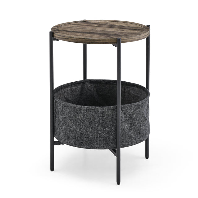 Modern Accent End Table with Storage Basket，Grey Cloth Bag and Brown Top （18“x18”x24“）