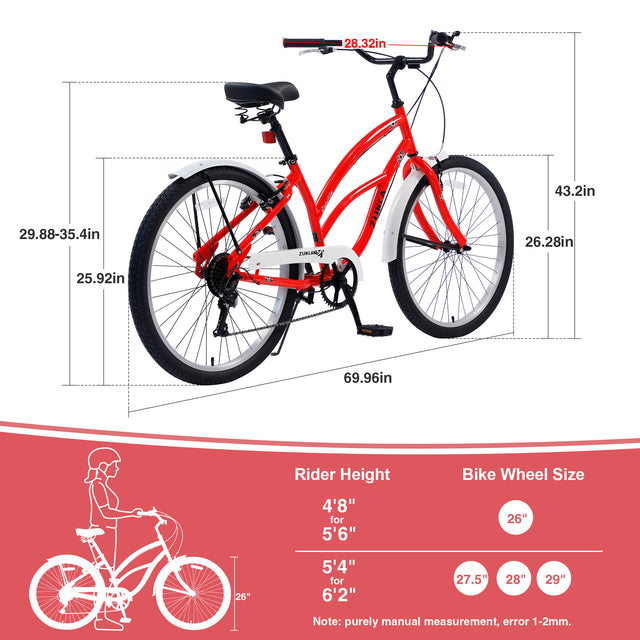 7 Speed Bicycles,  Multiple Colors 26"Inch  Beach Cruiser Bike