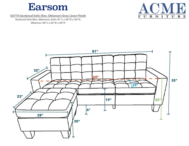 ACME Earsom Sectional Sofa in Gray Linen 52775